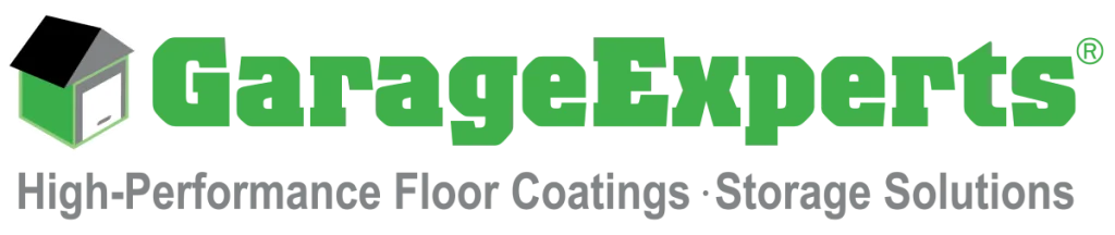 Logo of Garage Experts with a black and green design. Text reads: "GarageExperts® High-Performance Floor Coatings • Storage Solutions.