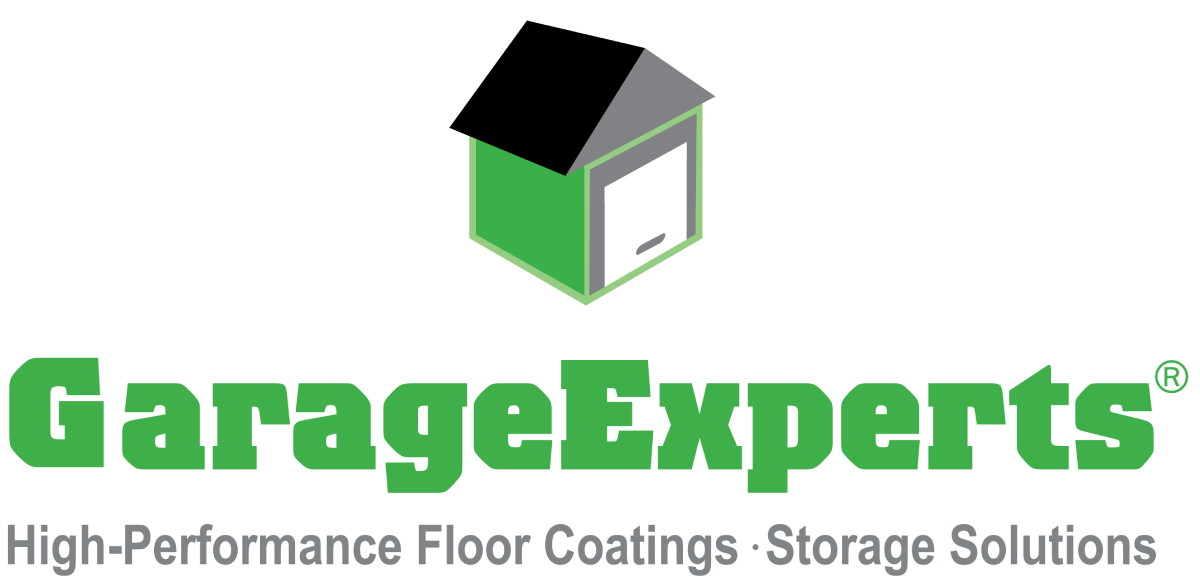 Logo for GarageExperts featuring a green and black garage icon above the text "GarageExperts" with the tagline "High-Performance Floor Coatings · Storage Solutions.